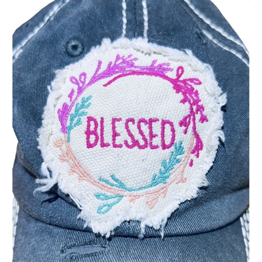 Womens‎ Hat Cap “Blessed” Kbethos Vintage Embroidered Gray Adjustable Floral - Picture 2 of 9